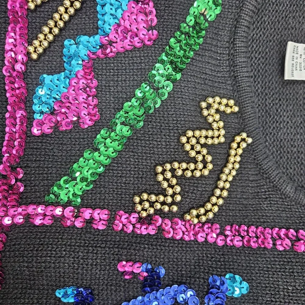 Vintage 80s MARNIE WEST Black Knit Sweater Sequins/beads Abstact Womens Size Med